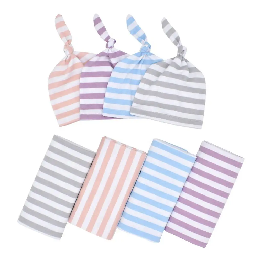 Newborn Infant Baby Striped Swaddle Wrap Sleeping Bag with Hat Set