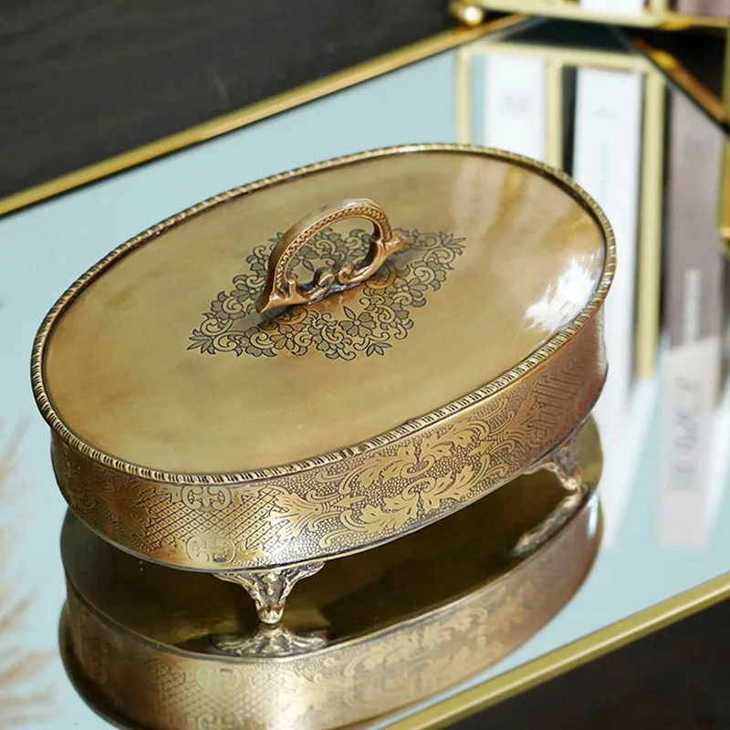 

Овальные подносы для ювелирных изделий в европейском винтажном стиле с гравировкой, декоративный Американский роскошный классический ящик для хранения из чистой меди, украшение для гостиной
