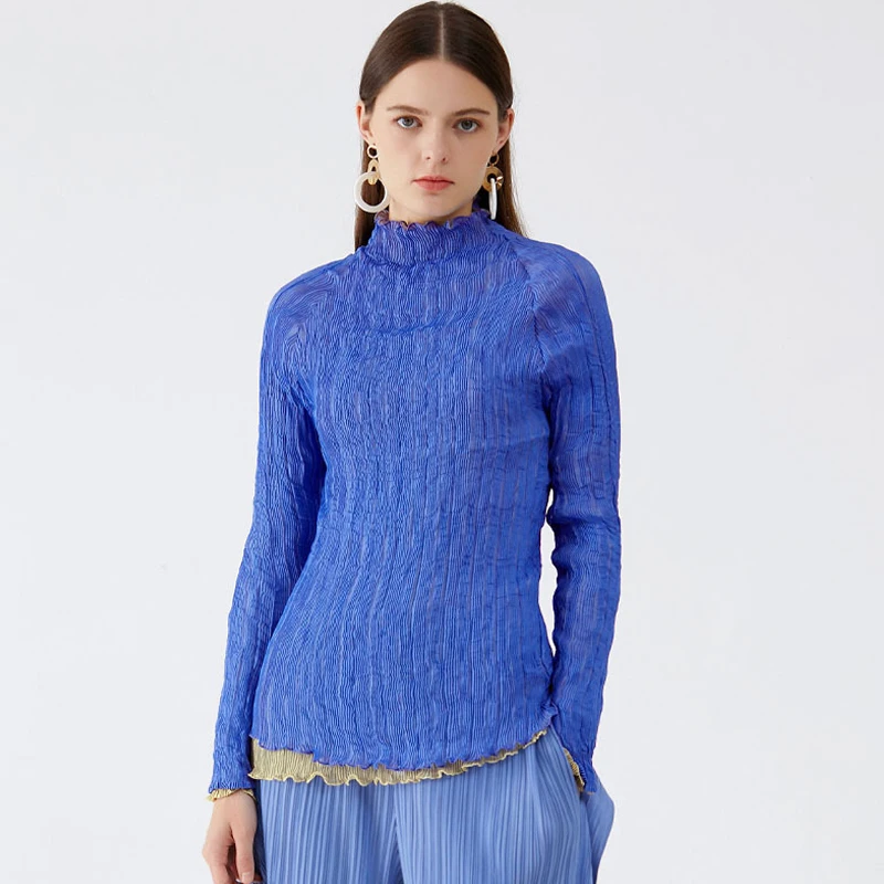 

Плиссированная нишевая дизайнерская тонкая Свободная рубашка Miyake, весна 2022, двухслойная маленькая рубашка с длинным рукавом