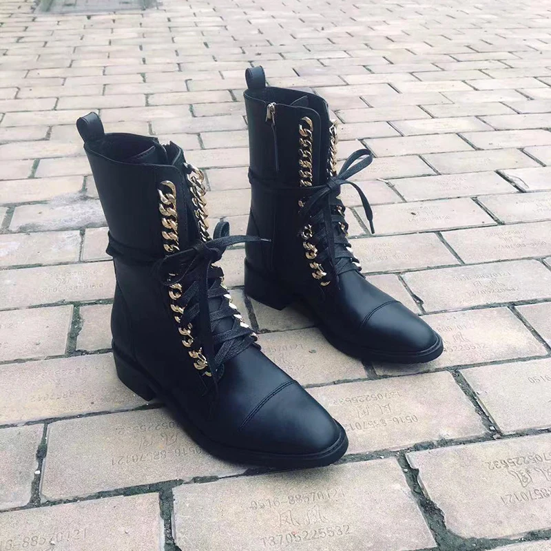 

Winter Shoes for Women 2022 Fashion New Golden Chain Lace Up Ankle Boots Large Size Round Toe Mid Boots Brand Design