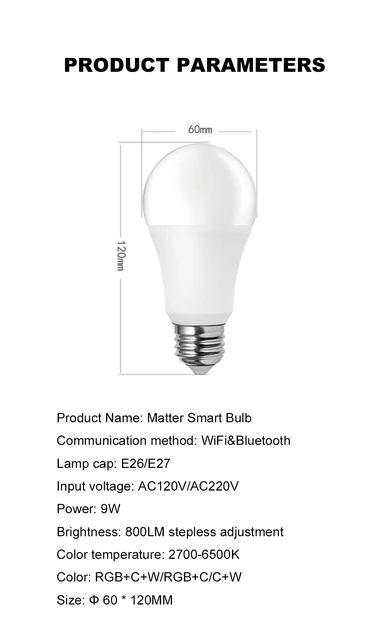Matter-Ampoule intelligente A19, WiFi, RGB, CW, 9W, Lampe LED