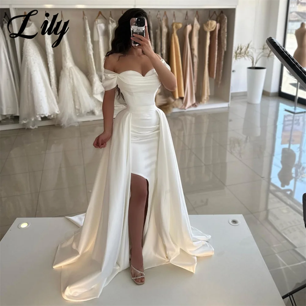 

Lily Off the Shoulder Evening Gown A-Line Sexy Elegant Prom Dresses Pleat White Sweetheart Wedding Evening Dress robes de soirée