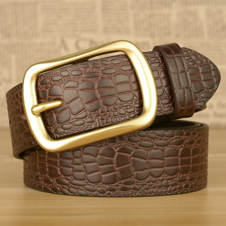 

New Men's 3.8cm Cowhide Copper Buckle Belt With High-Quality Tough Man Hunting Travel Luxury Hiking Crocodile Pattern Belt Black