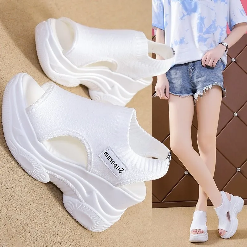 Women's Sandals 2022 Summer Wedge Heel Elastic Cloth Cover Foot Ladies Sandals Thick-soled Fashion Trifle Elevation Casual Shoes 3