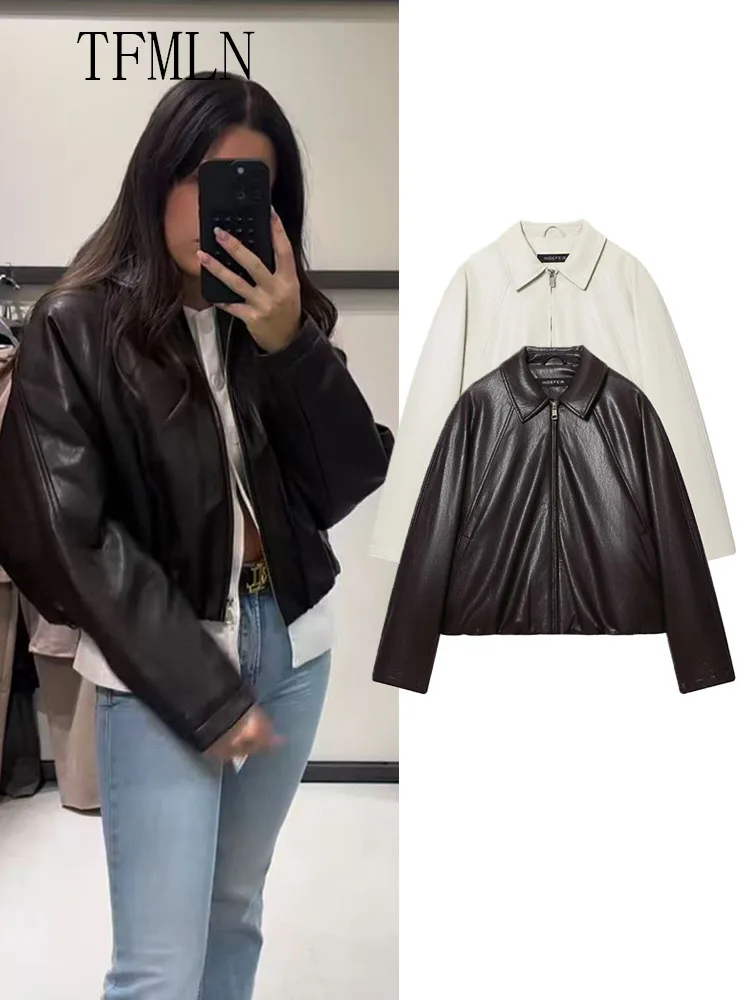 High Street Women Faux Leather Jackets 2025 Autumn Fashion Causal Lapel Long Sleeve Loose Coats Vintage Female Zipper Outwear