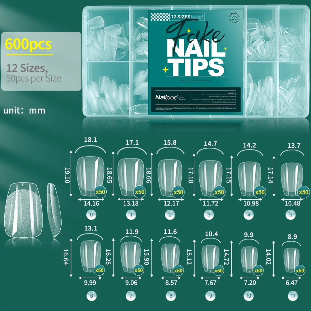 Soft Gel Nail Tips - Pre-Buff Full Cover Coffin, Almond, and Oval Shapes (600 Pieces)