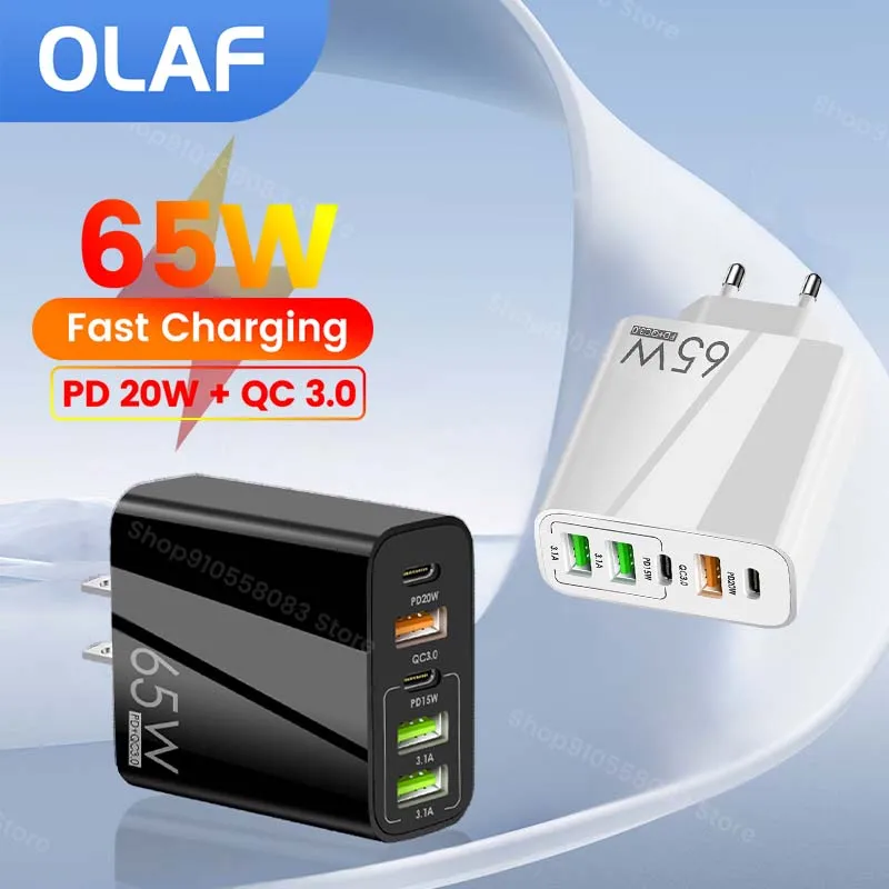 

Olaf 65W 5 Ports USB Charger Fast Charge QC3.0 PD20W Fast Charging Charger For iPhone Samsung Xiaomi Type C Charger Wall Adapter