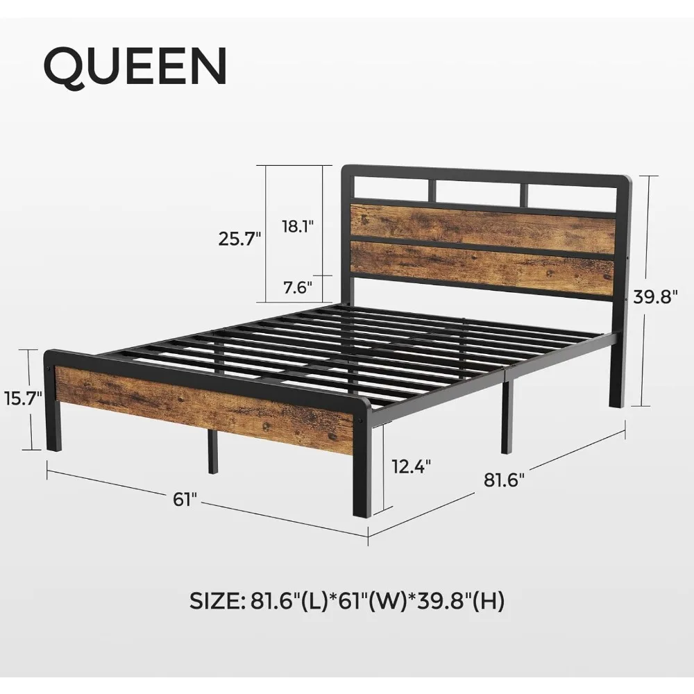 Queen Bed Frame, Mattress Foundation Metal Platform w Wood Headboard and Large Under Bed Storage,Noise-Free,No Box Spring Needed 2