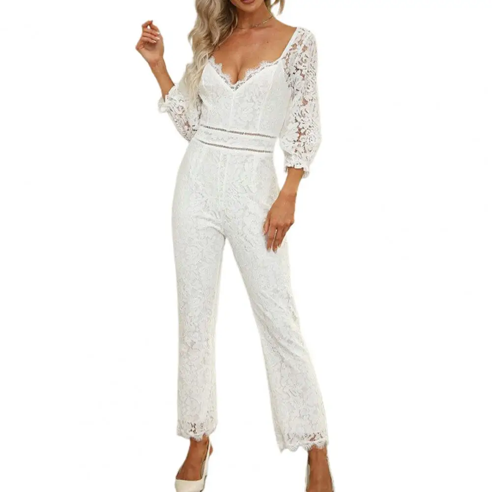 

V-neck Long Sleeve Women Jumpsuit High Waist Long Pants Solid Color Crochet Embroidery Lace Floral Rompers Streetwear