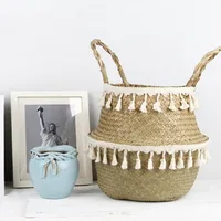 Boho Decor Wicker Baskets Storage Handmade tassels Storage Baskets Foldable Straw Wicker Rattan Seagrass Belly Garden Flower Pot 2