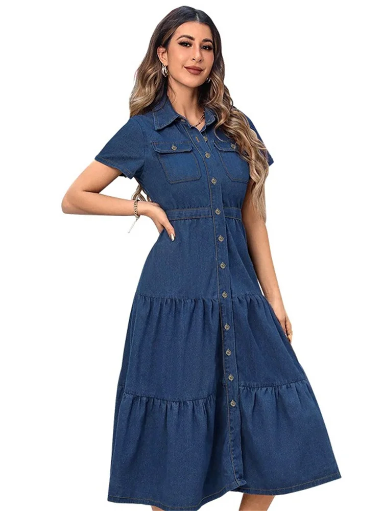Wmstar Denim Dress Women Casual Button Bodycon Pockets Lapel Long Dresses Fashion Streetwear Wholesale Dropshipping New Style