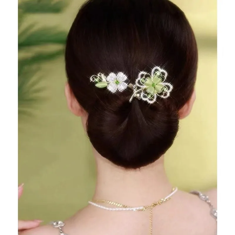 여성용 패션 녹색 클로버 Updo 헤어 액세서리, 레트로 럭셔리 지르콘 꽃 머리핀, 레이지 맨 타이 업 비녀 엄마 모자