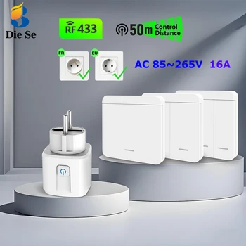 RF Wireless Smart Plug 110V 220V 16A High-power Socket and 86 Wireless Push Button Wall Switch with Battery for Home Appliance 1