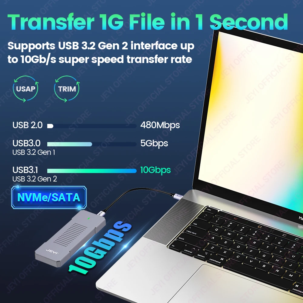 Gabinete Nvme Ngff Usb 3.2 Gen2 Tipo-c Case Ssd 10gbps Suporte m & b Mais m Chaves 2230 42 2260 2280 com Cabo Plano Jeyi22110 M.2 - Imagem 4