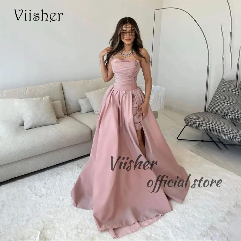 

Viisher Saudi Arabic Evening Dresses with Feather Pleats Satin A Line Prom Party Dress Dubai Celebrate Event Gowns with Train