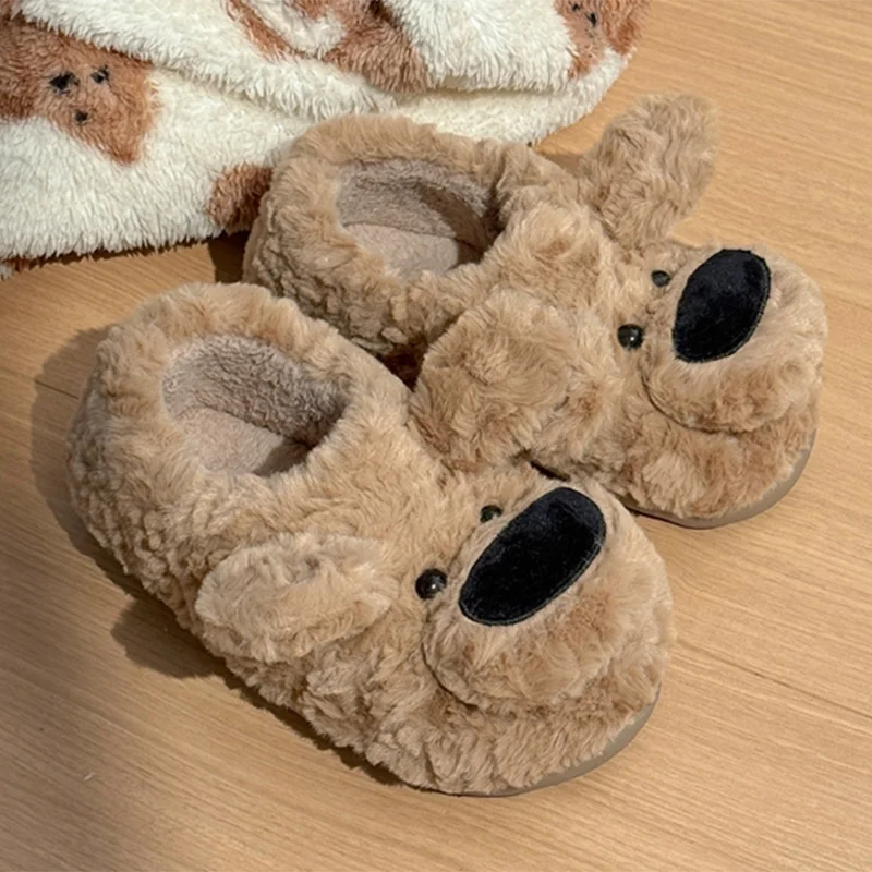 Lovely Dog Shape Fluffy Slippers for Women Comfortable Bag Heels Warm Home Slippers Woman Non Slip Soft Bottom Bedroom Slides