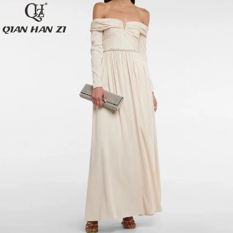 

Qian Han Zi designer fashion long dress autumn winter women Slash neck Sexy folds Crystal Belt Slim elegant white maxi dress