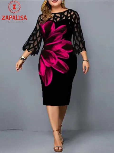 Plus Size Elegant Print Pencil Dress for Office Lady Patchwork Design Lace Decor O-Neck Flare Sleeve Mid Waist Slim Hips Dress 4