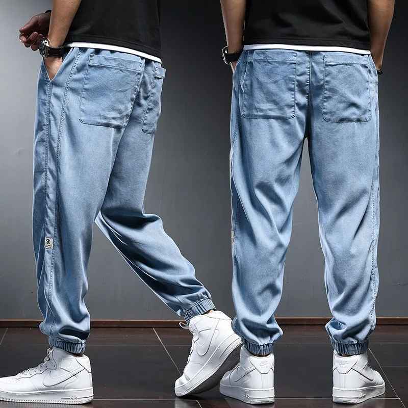 2022 Summer Lyocell Jeans Men Streetwear Baggy Joggers Pencil Pants Thin Blue Jean Casual Elastic Waist Denim Trousers