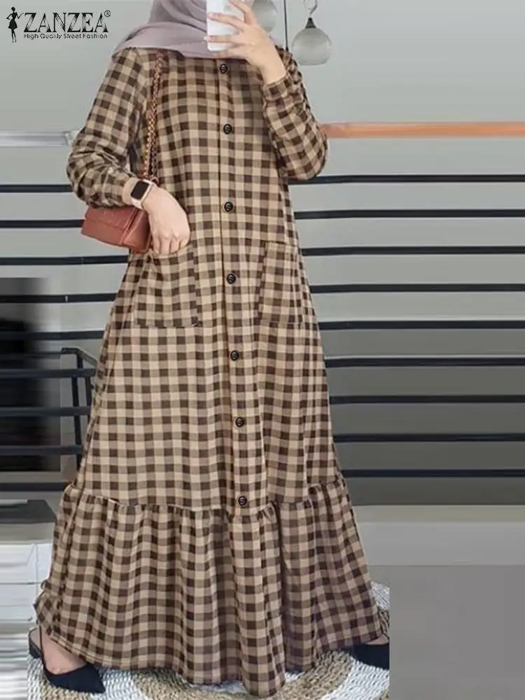 

ZANZEA Fashion Ruffles Muslim Dress Casual Plaid Checked Flounce Sundress Vintage Long Sleeve Robe Party Maxi Vestidos Oversize