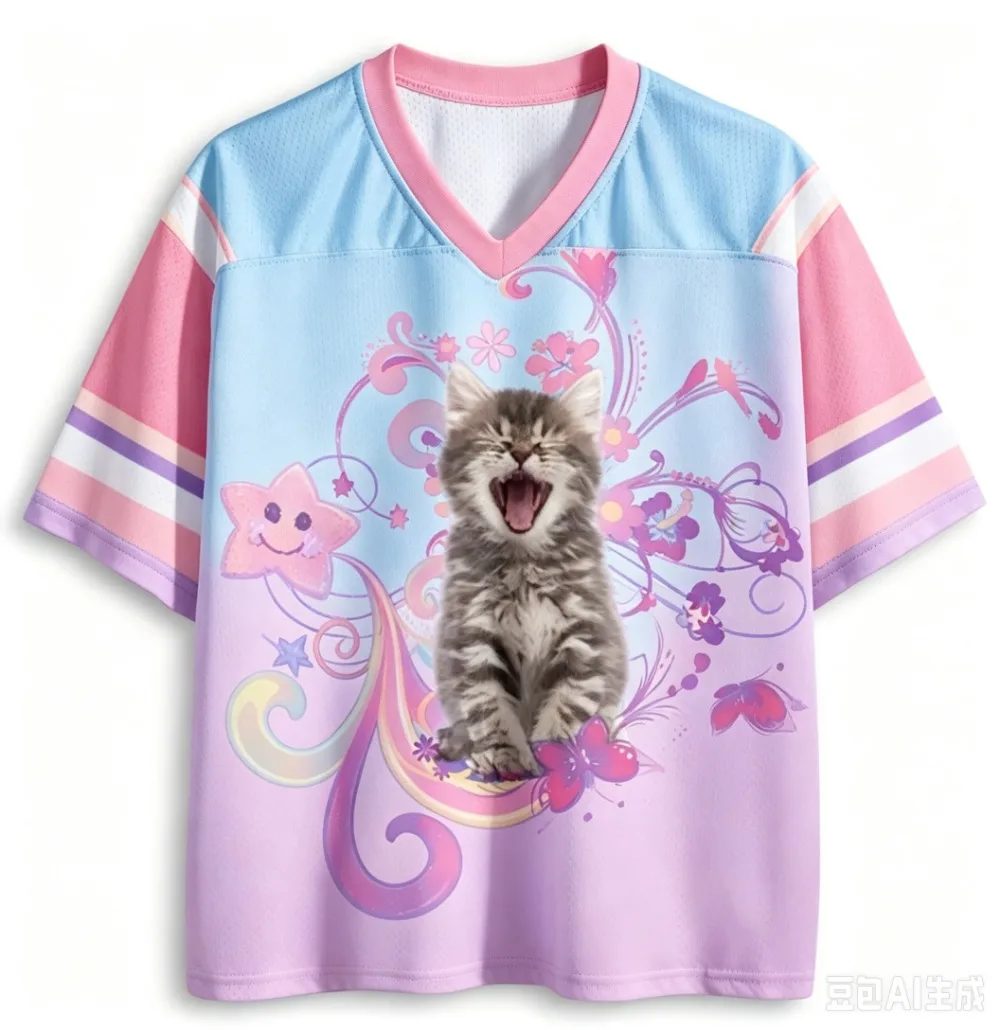 Rainbow Cat Amusement Park Sport-T-Shirt 3D-Druck Herren Damen T-Shirts V-Ausschnitt Lässig Modisch Bequem Eltern-Kind-Kleidung
