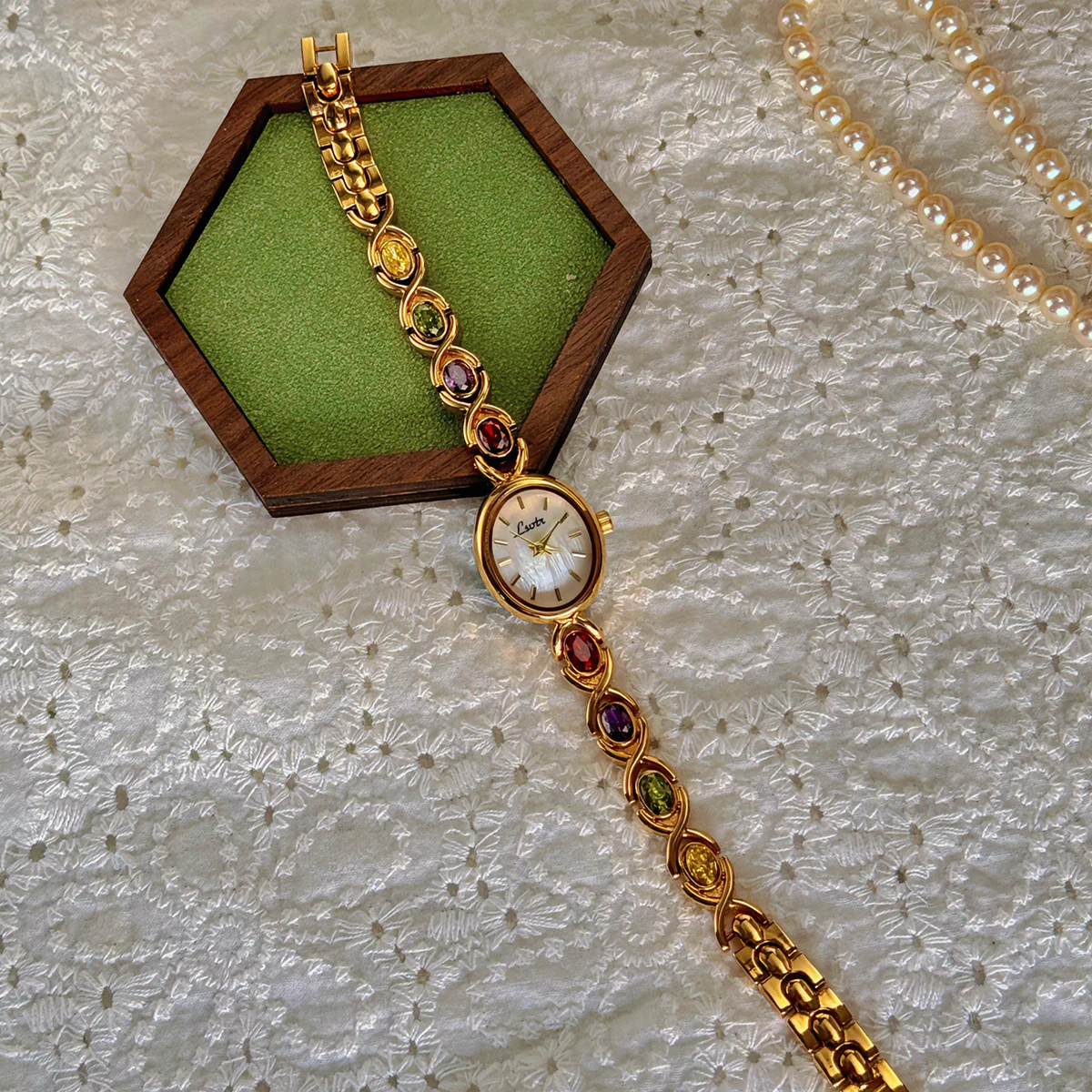 Womens Watch 1pc Women's Watch Embedded Colorful Tourmalines Diamonds Oval Shaped Mother Of Pearl Dial