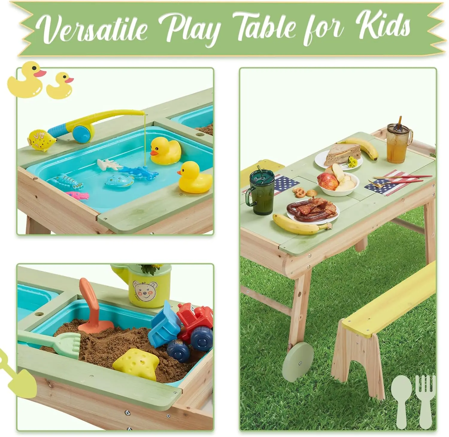 3 In 1 Kids Picnic Table, Indoor Outdoor Sand And Water Activity Table ForToddler Boys Girls 4