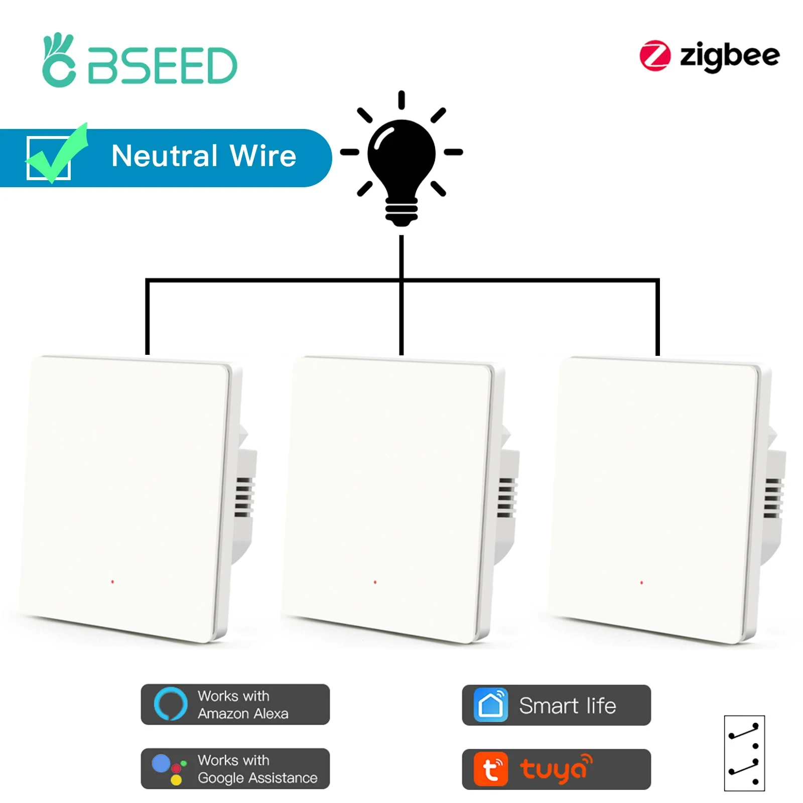 

BSEED Zigbee Light Switches Smart Wall Switches 1Gang 3Way For Staircase Work With Tuya Alexa Smart Life App Neutral 3Pack