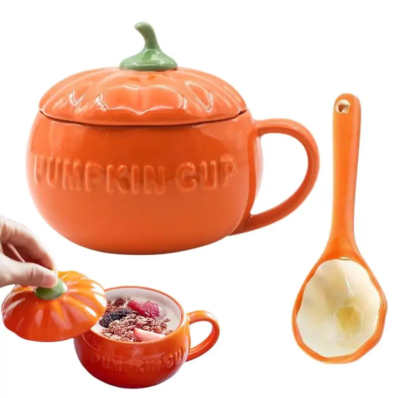 

creative Ceramic Pumpkin Cup Halloween Pumpkin Coffee Mug with lid & spoon Pumpkin Ghost Cup for Cappuccino Latte Cereal Yogurt