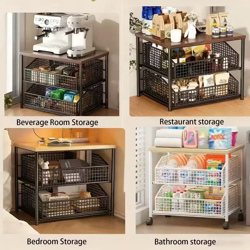 1pc Space-Saving Kitchen Countertop Organizer with Drawer and Metal Basket - Sturdy Solid Wood and Metal Multi-Layer Storage