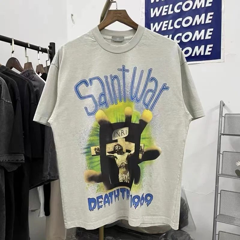 

Oversized 2024 New Summer Japan Style Saint Michael Cross Print Top Men Women Short sleeve T-shirt Loose Cotton High Quality Tee