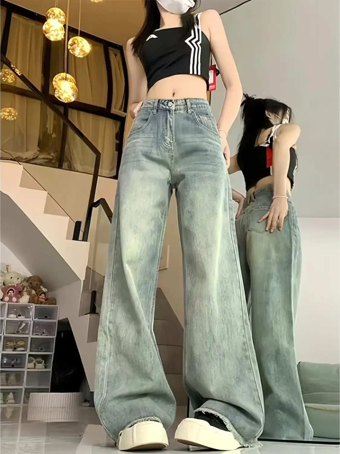 

Niche retro burlap loose wide leg jeans female summer new high-waisted drape feel thin wide-legged drag trousers