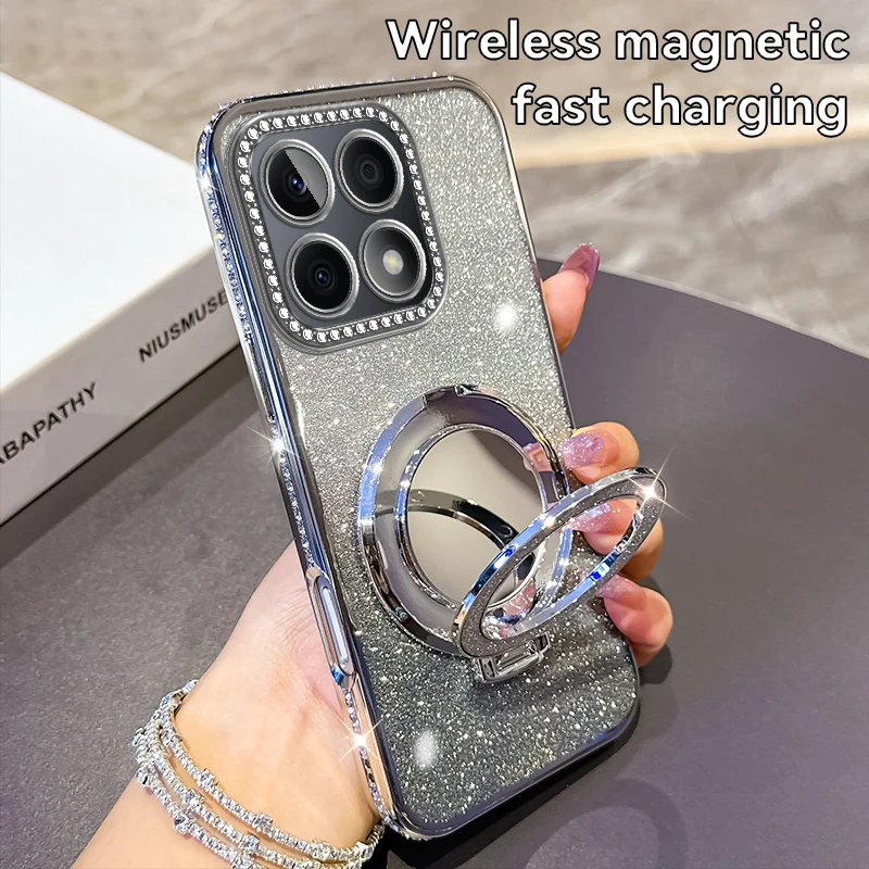 Glitter Plating Silicone Phone Case with Magnetic Bracket & Lens Protector - Pink