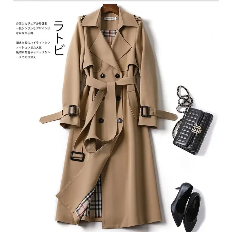 Double layer windbreaker casual Korean style mid-length spring and autumn new version British style coat over the knee coat fashion women s windbreaker 2023 korean version new autumn winter mid length coat over knee temperament goddess british style