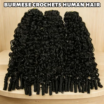 14A Burmese Curly Crochet Human Hair Extensions Knotless Pre-Separated Curly Human Hair With String Pre-Looped Reusable Feather 1