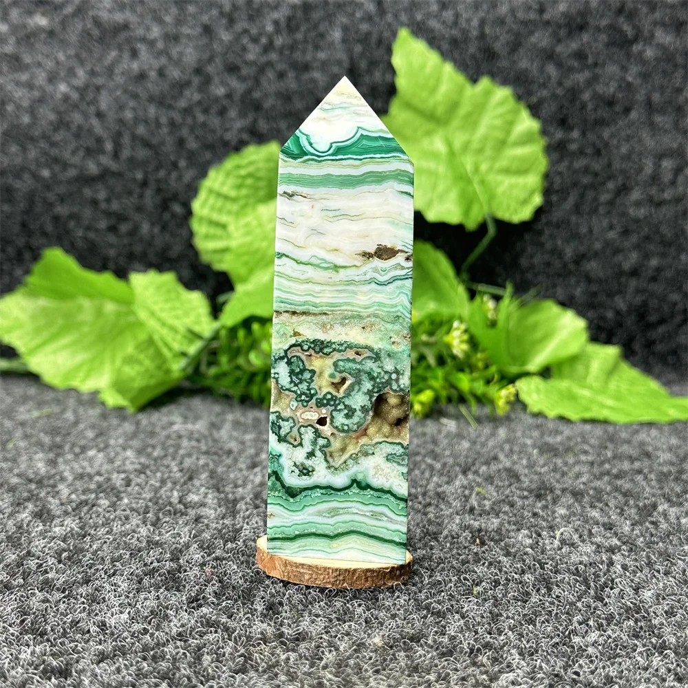 

1pc Natural Gemstone Mineral Green Striped Agate Obelisk Healing Crystal Quartz Rod Home Decor Power Stone Pyramid
