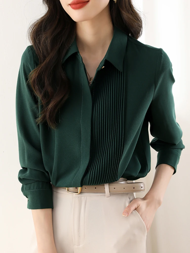 Chic Fashion Pleated Blouses Women 2025 Spring Autumn Vintage
