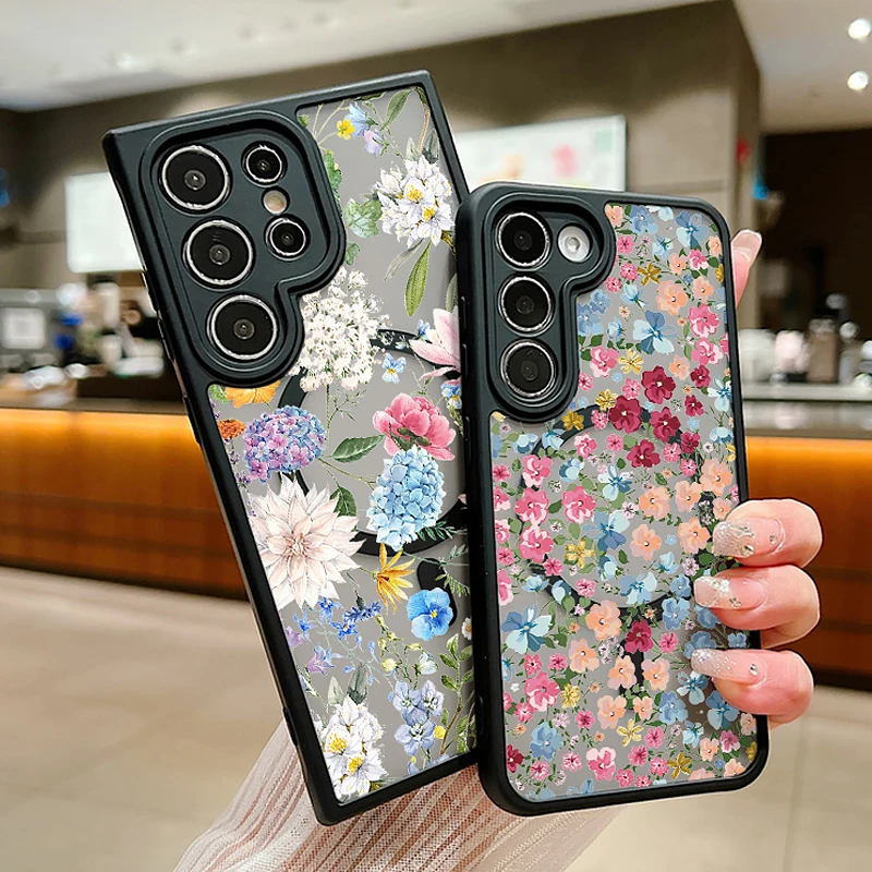 Etui imprimé floral à fermeture magnétique pour téléphones Samsung (série S)