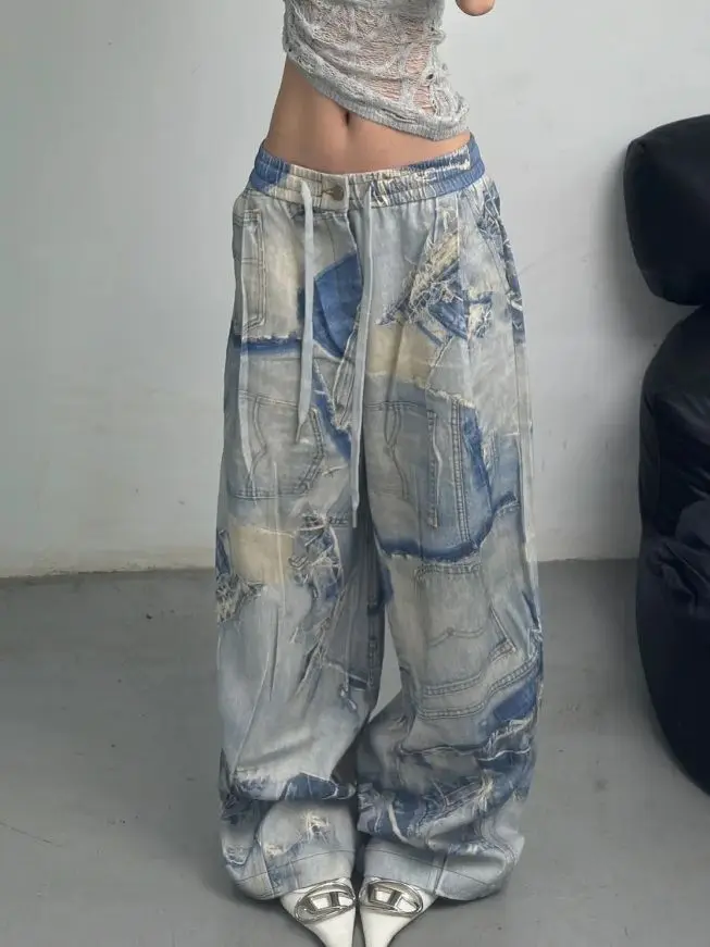High Waist Women Tie Dyeing Jeans Hip-Hop Style Vintage American Washing For Old Wide Leg Jean Plus Size Female Trouser