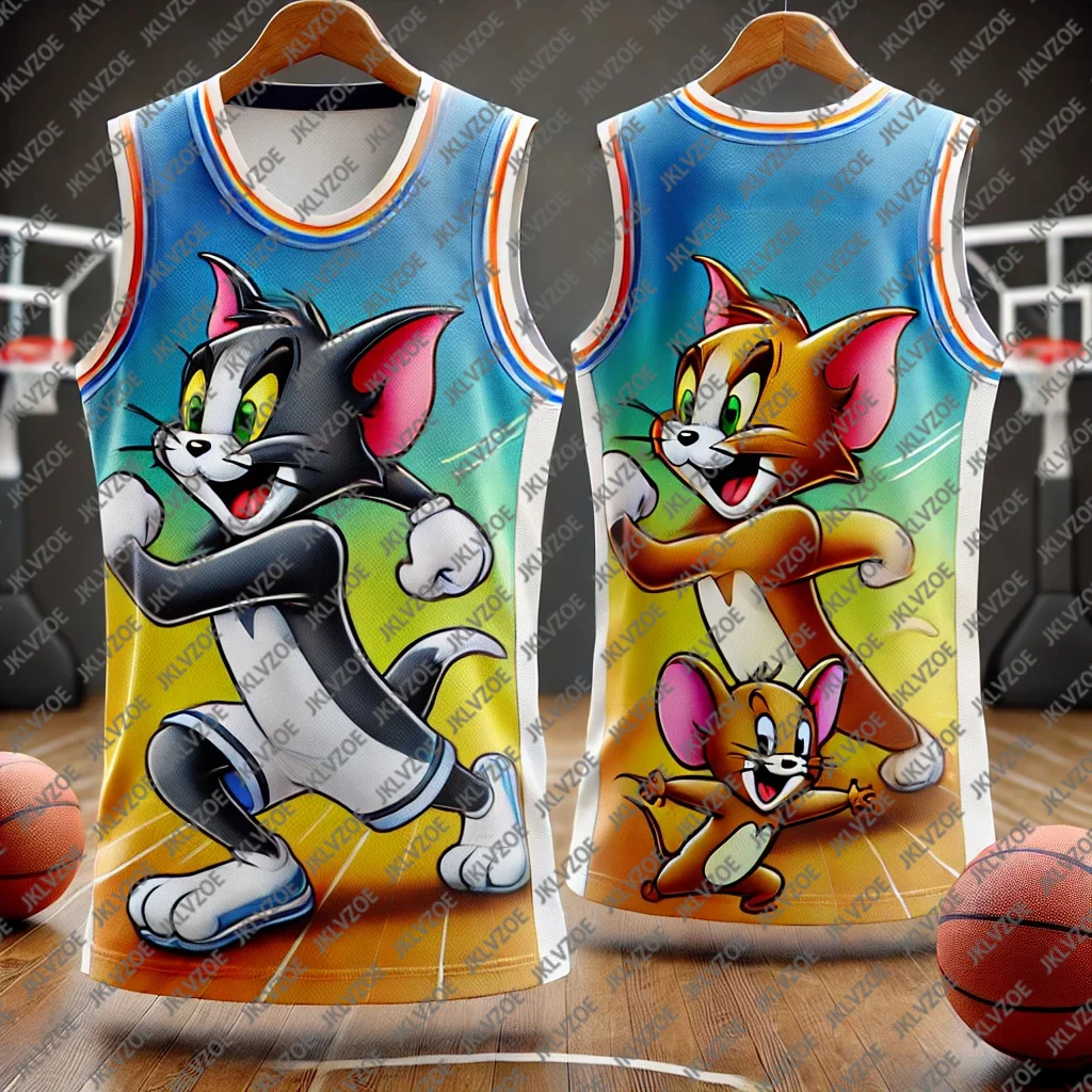 Men's And Women's Basketball Vests American Classic Anime Sports Quick Drying Vest Cat And Mouse Printed Round Neck T-Shirt children vest sportswear tshirt