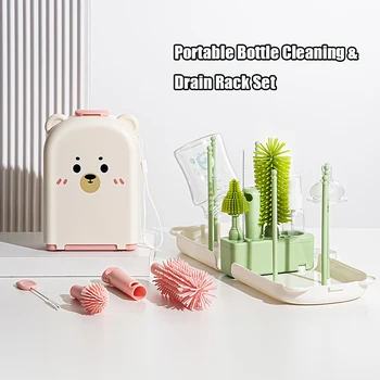 Set di spazzole per biberon portatili Kit di pulizia per biberon 7 in 1 con spazzola per cannuccia per capezzoli per biberon Kit per la pulizia dei biberon da viaggio