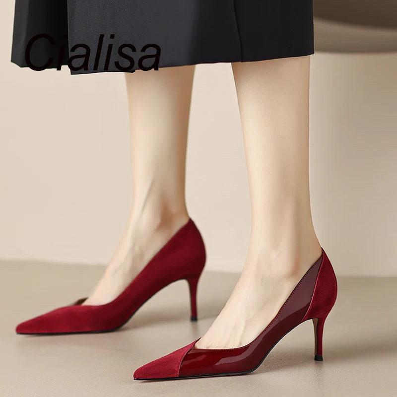 

Cialisa Genuine Leather Women's Pumps Spring New 2023 Sexy Pointed Toe Patchwork Elegant Thin High Heels Party Dress Lady Shoes