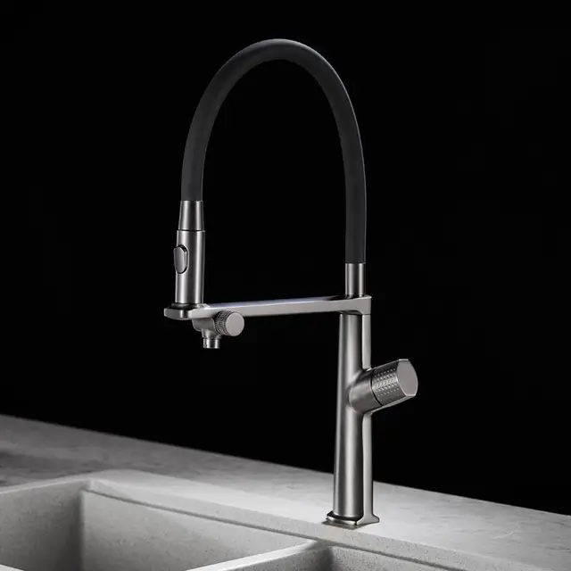 ก๊อกน้ําห้องครัวทองเหลืองสีเทาปืนหรู 1 รู ด้ามจับคู่ ระบบควบคุมคู่เย็นและร้อน พร้อมน้ํากรอง อ่างล้างจานสองฟังก์ชั่น Tap 2