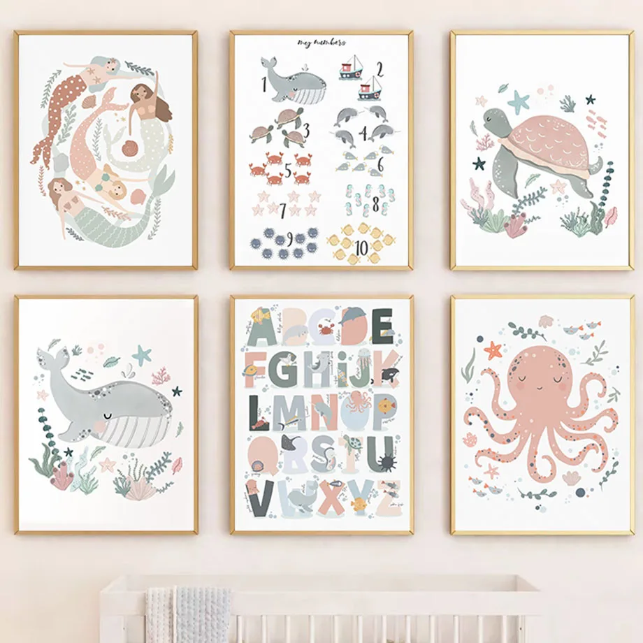 

Boho Whale Turtle Octopus Mermaid Alphabet Cartoon Poster Nordic Wall Art Print Canvas Painting Pictures Baby Kids Room Decor