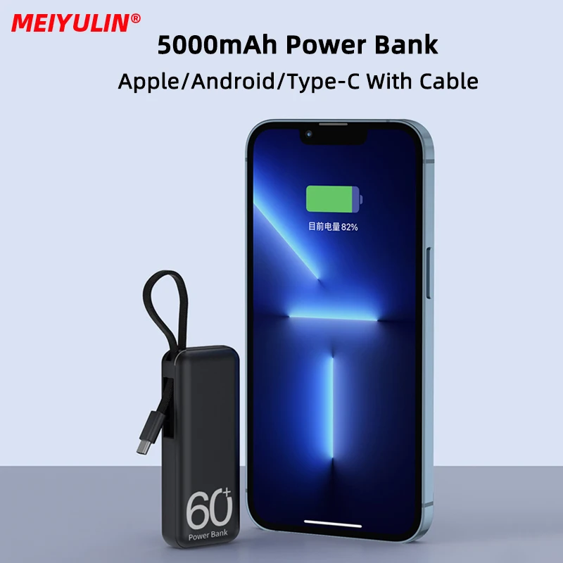 5000mAh Mini Power Bank Fast Charger With Type-C Lighting Cable