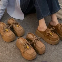 2025 Women's Suede Platform Mules - Cute Smiley Pin Decor Lace-up Loafers Thick Sole Fashion Casual Slip-on Shoes - Image 3