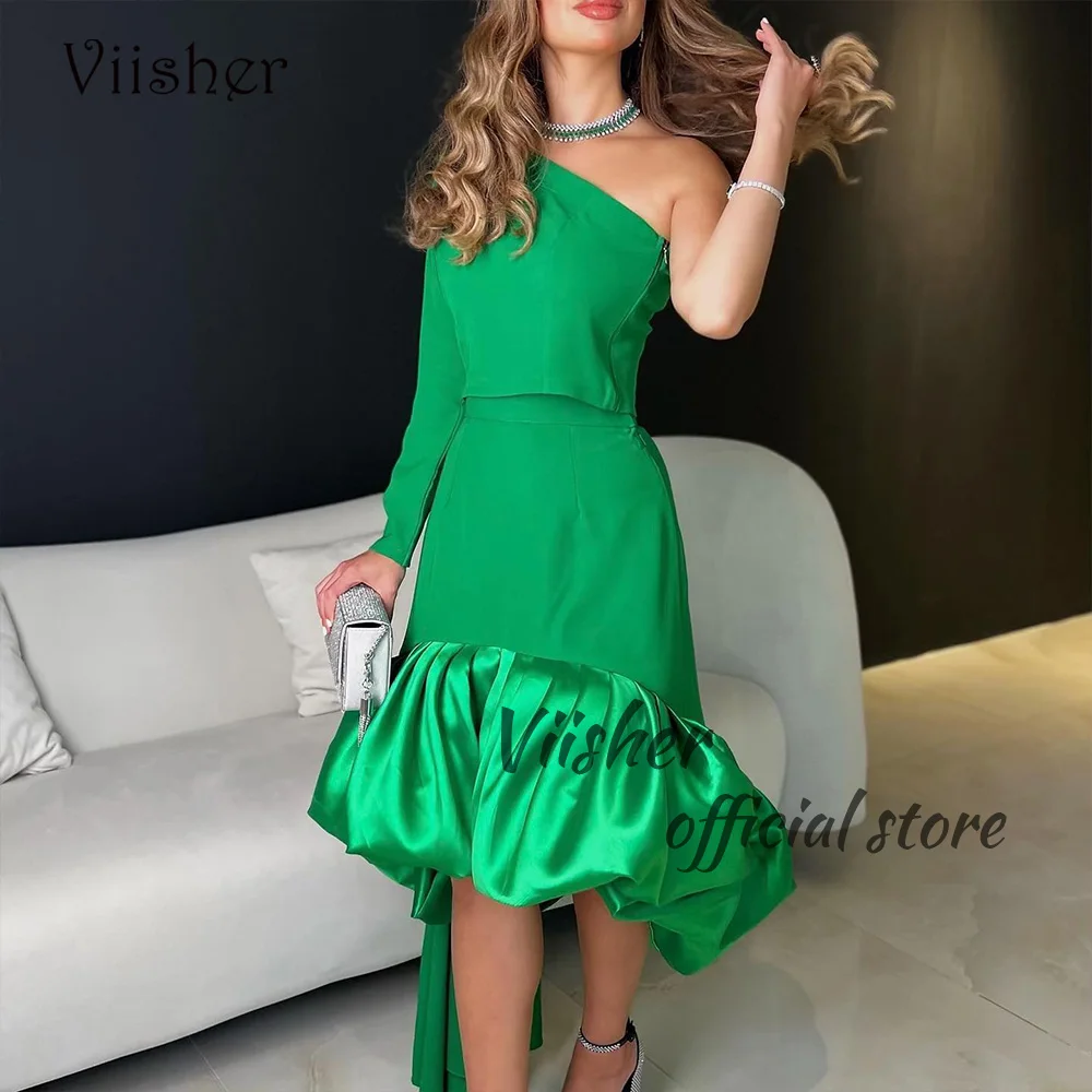 

Viisher Green One Shoulder Mermaid Evening Dresses Pleats Satin Tight Dubai Arabic Prom Party Dress Tea Length Formal Gowns