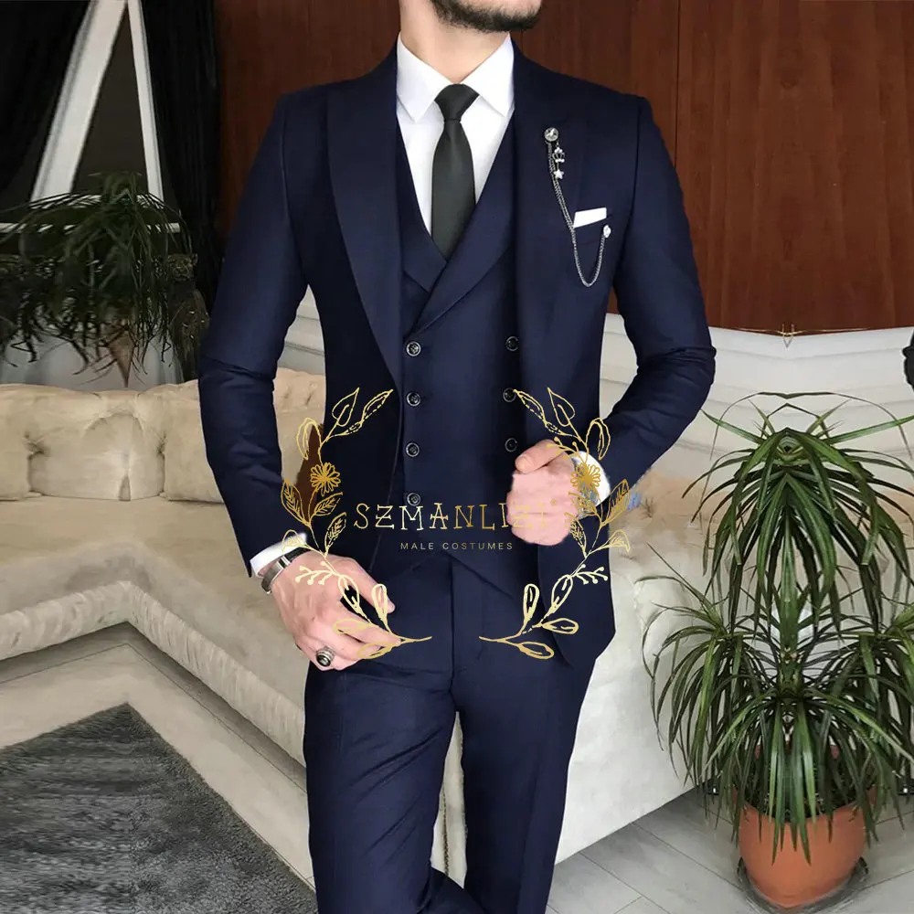 Male Suits Slim Fit 3 Pieces Peak Lapel Dark Green Classic Men Wedding Suits Groom (Blazer+Vest+Pants) Costume Homme mens suit