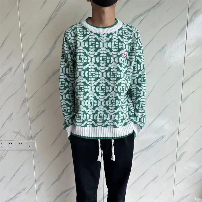 

24ss Plaid Jacquard CASABLANCA Sweaters Women Top Quality Oversized Knitted Pullovers Embroidered Logo Men Clothes