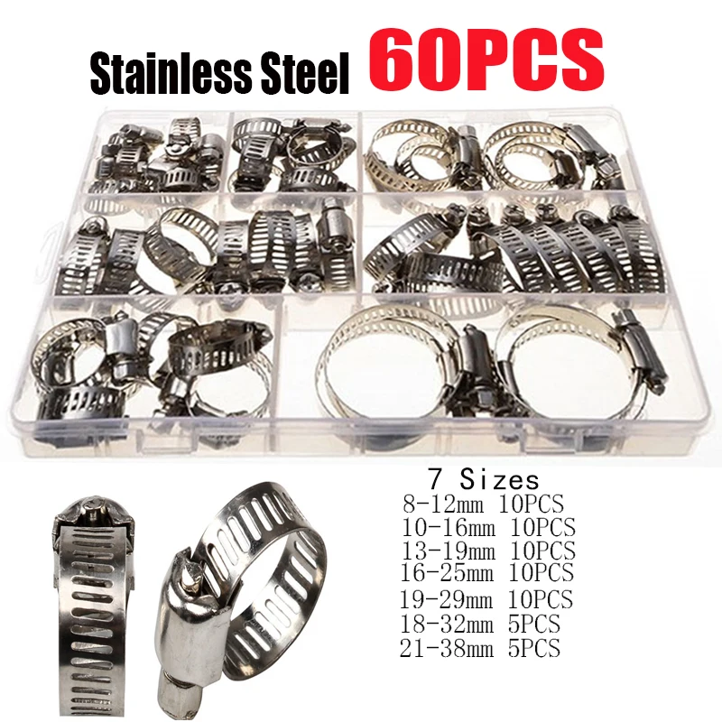 

60Pcs Clamps Stainless Steel Adjustable 8-38mm Diameter Clips Worm Gear Hose Clamp Assortment Kit for Various Pipes Automotive